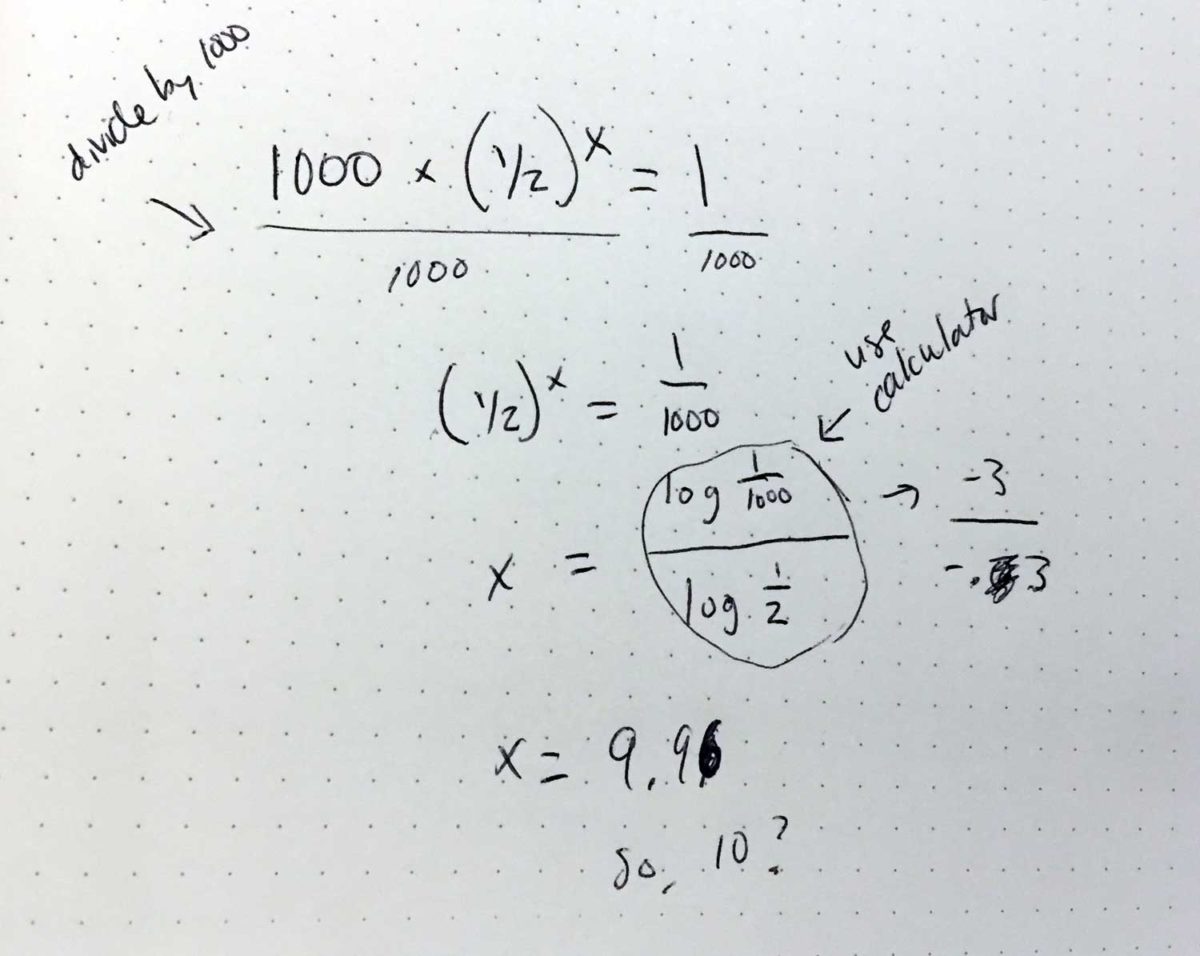 Calculating the binary search runs for 1000 items