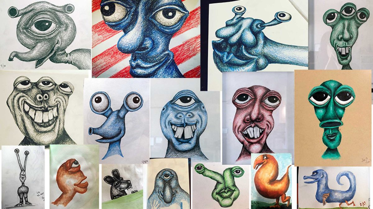 Collage of sketches of cute monsters