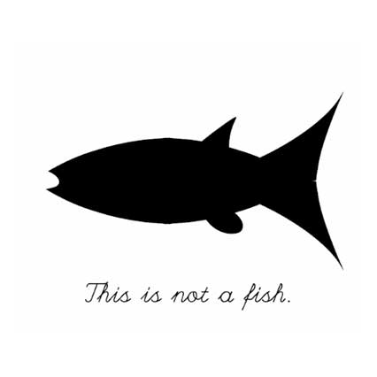 Black and white image of a fish with text 'this is not a fish'