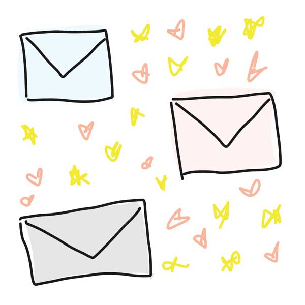 Drawing of different colored envelopes surrounded by stars and hearts