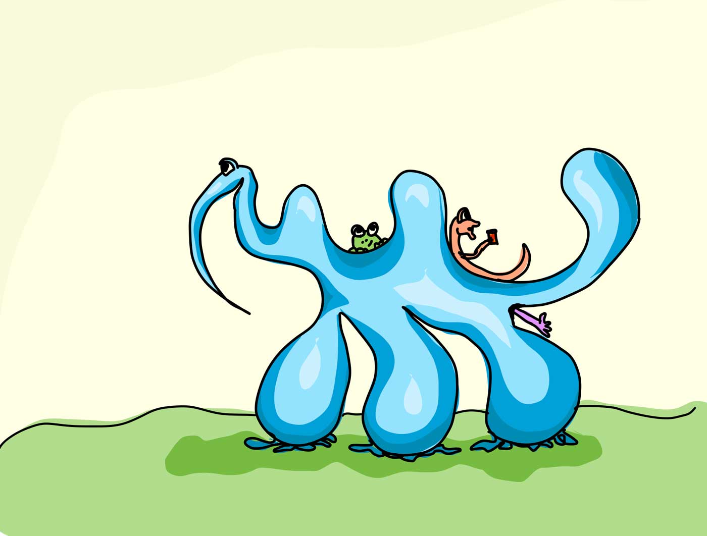 A blue monster with humps and smaller monsters riding on its back