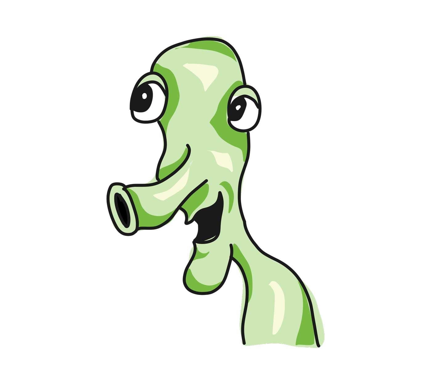A green monster that has no teeth and a hose-like nose!