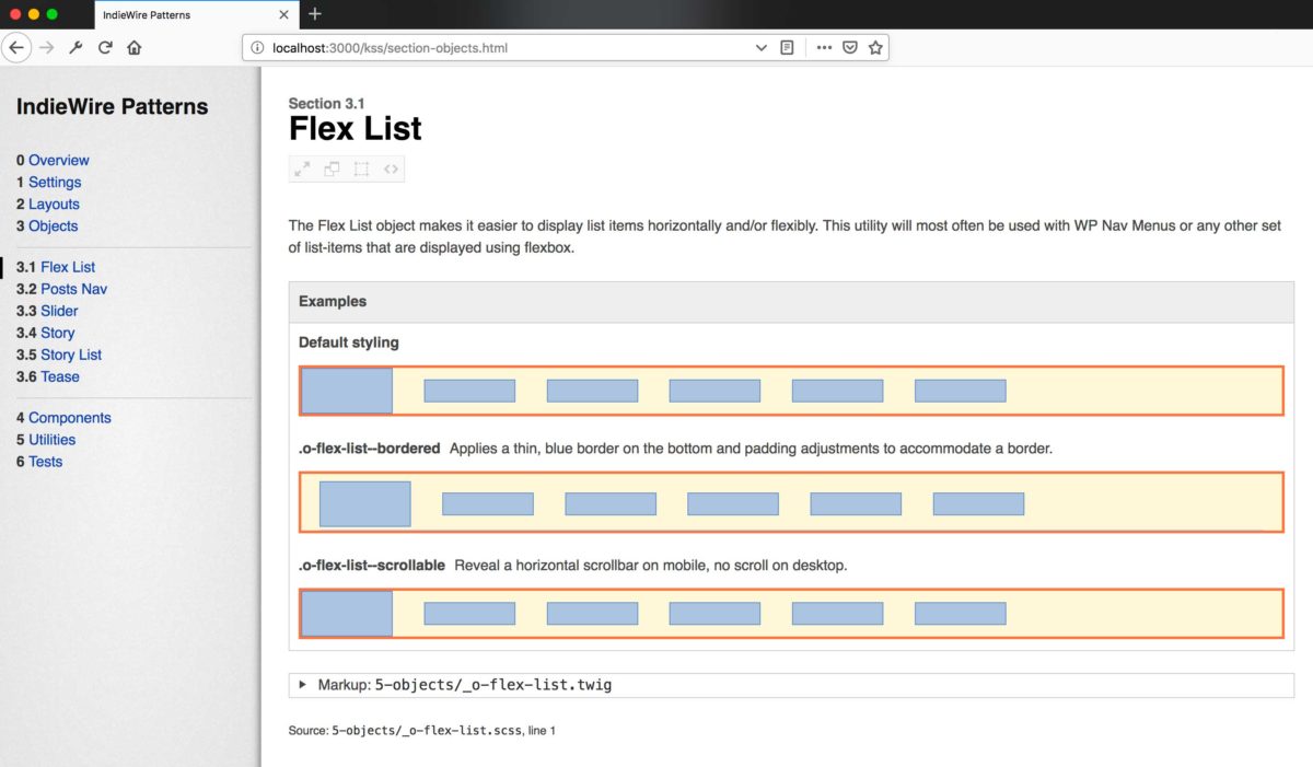 Screenshot of a pattern "o-flex-list" where the layout is documented with boxes instead of the UI elements