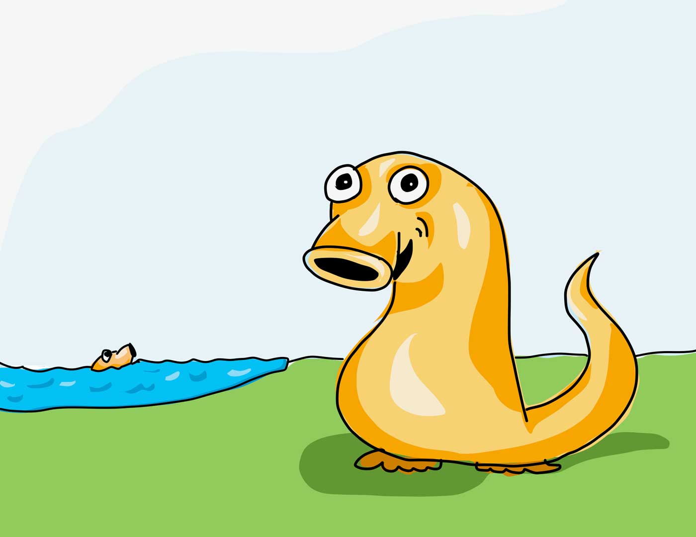 An orange monster with a large nose, tail, and duck-like feet in a meadow in front of a pond with an orange monster peeking above the water