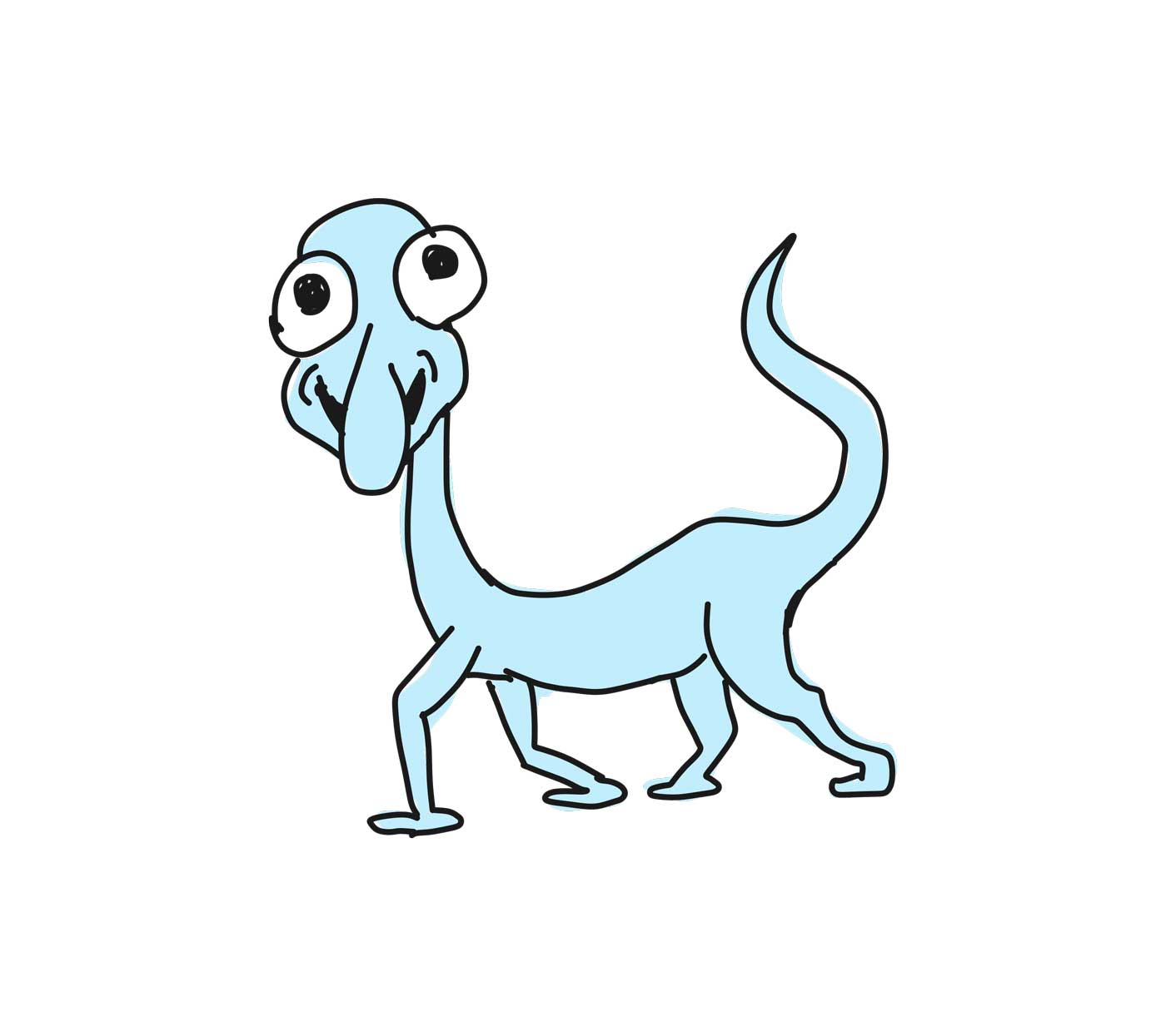 A light blue monster with four legs, a tail, crazy eyes and a long nose