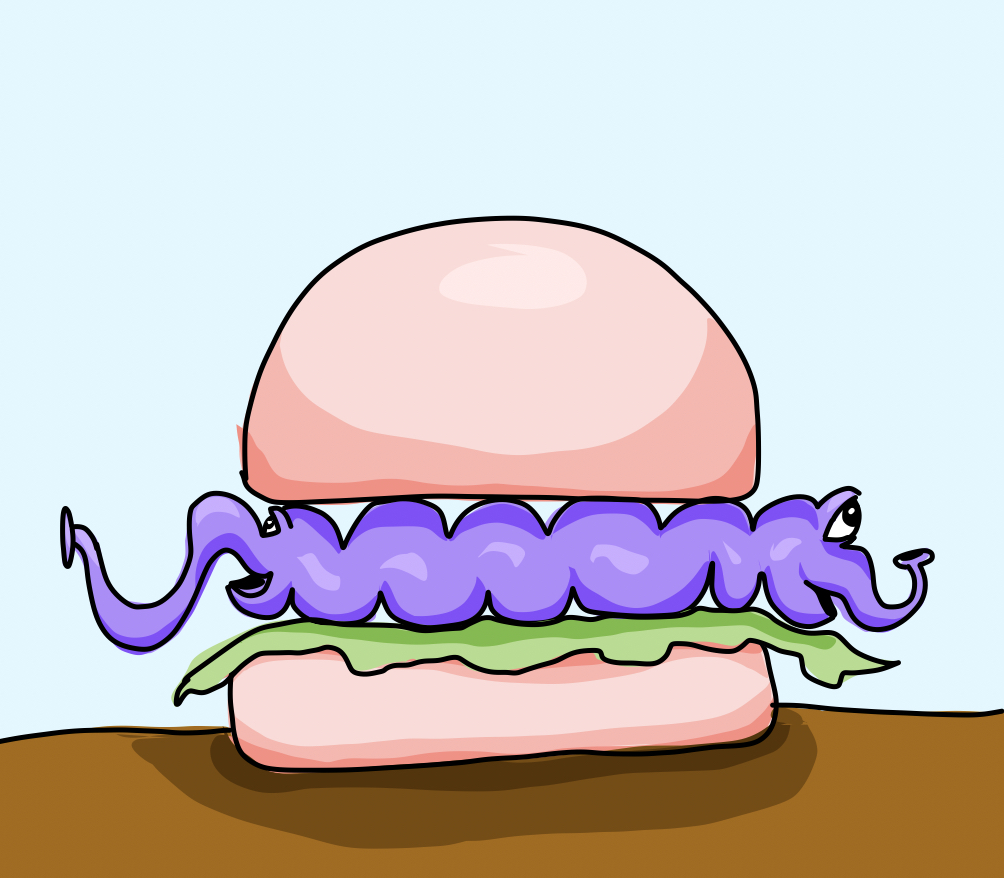 A purple worm-like monster with eyes and nose at either end inside burger buns with some lettuce