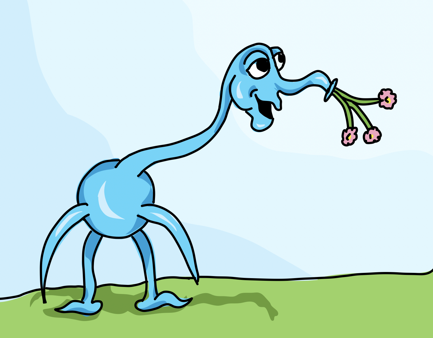 A blue monster with a long neck and trunk-like nose that has a bouquet of flowers coming out of its nose