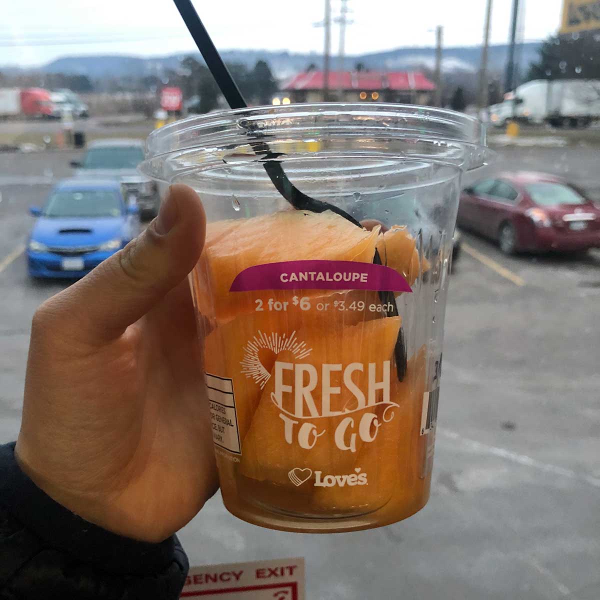 My hand holding a container of cantaloupe pieces
