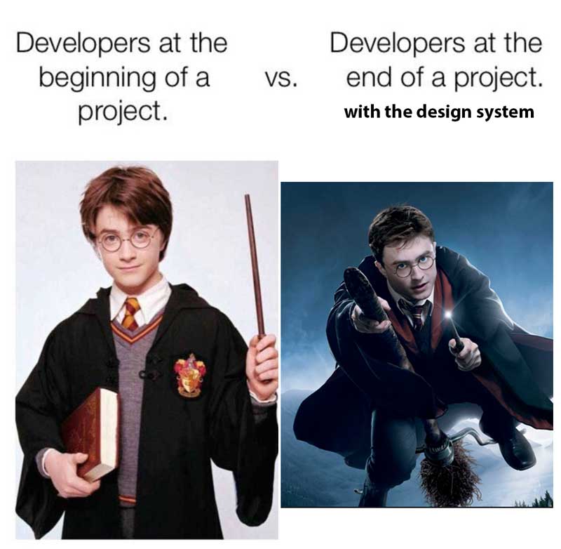 Young harry potter with a wand, ready to learn on the right; older harry potter flying a broomstick and looking ready to fight on the left.