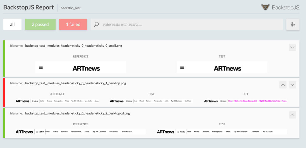 Screenshot of Backstop JS with a failing test
