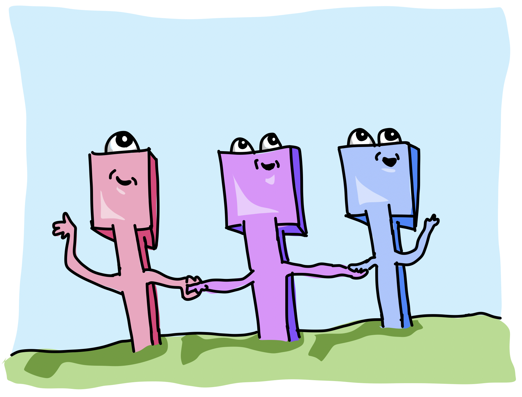 Three monsters with square heads that are holding hands and growing out of the earth