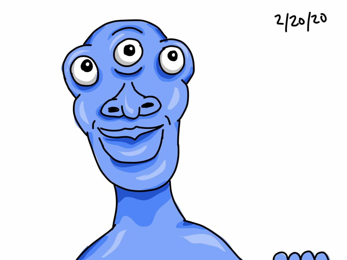 A blue, three-eyed monster peering above the bottom frame of the image with a curious expression
