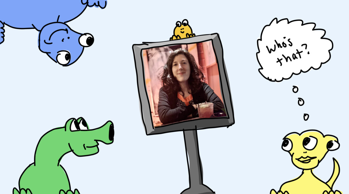 Three illustrated monsters peeking from the corners of the image looking at a photo of a white woman with brown hair drinking a cocktail. The photo is in a frame and the monster on the right is thinking, "Who's that?"
