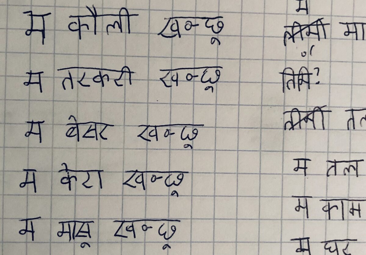 Gridded paper with handwritten, short sentences in Nepali. The test translates to sentences about eating various foods.