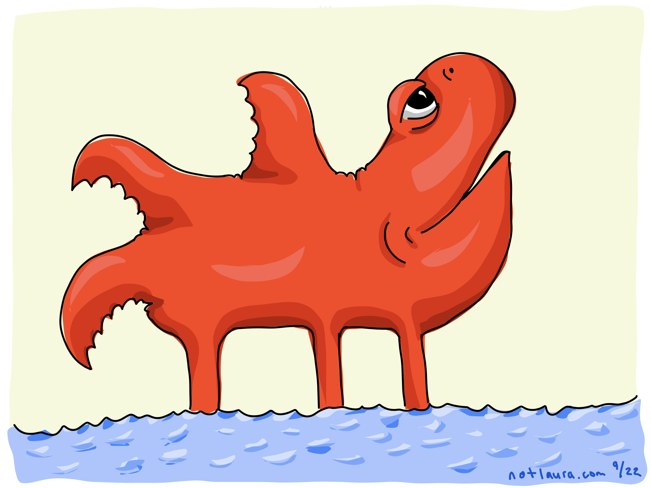 A red monster that looks a little like a whale with jagged fins and a large whale face and mouth and a kind eye. It is standing on three straight, sturdy looking legs in water.