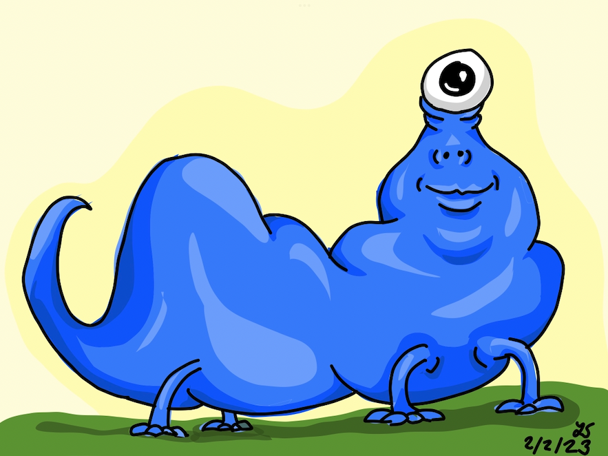 Dark blue monster on a gren ground with a blue background. The monster is very fat and shaped like a worm with small legs. It has one eye and a slight smile. On the bottom right it is signed "LS 2/2/23"